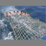 Observe the net stretched out behind the boat, and the boys on it